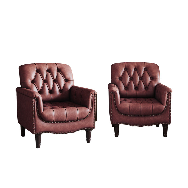 80 Cm Wide Tufted Armchair, Dark Red Faux Leather