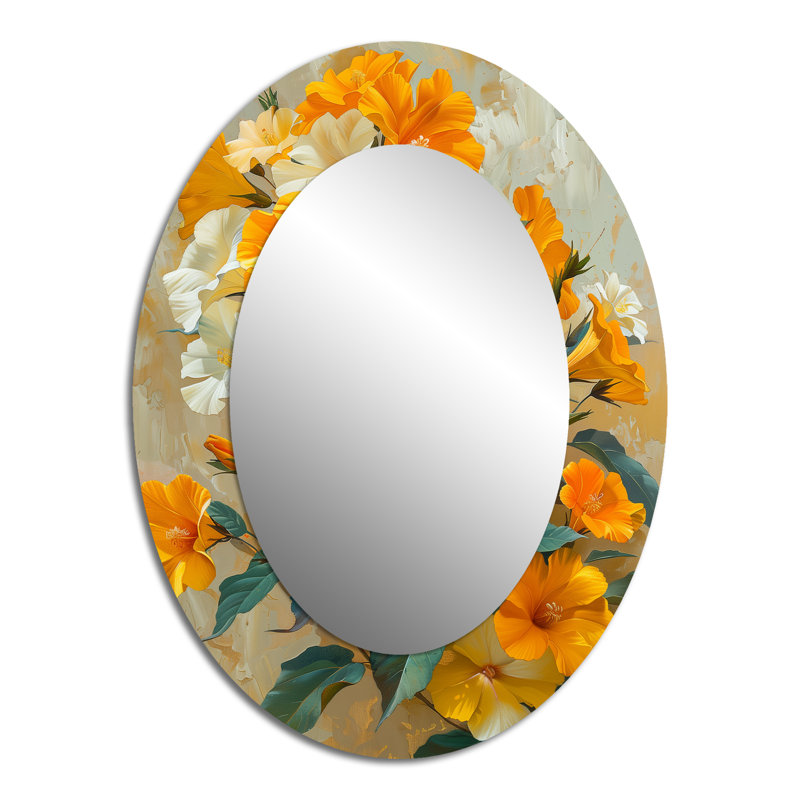 Vibrant Garden Orange White Morning Glory I - Floral Oval Decorative Mirror On Metal, 40" x 30"