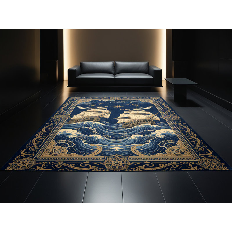 Tapis oriental bleu en tissu bleu marine délavé à la machine Cilegon, 6 X 9