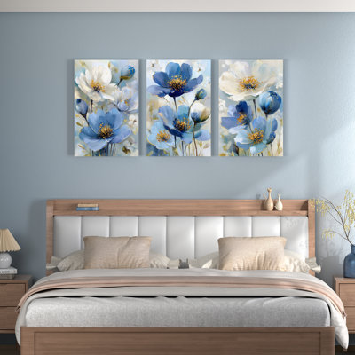 Blue Floral Canvas Wrapped Wall Art, Oil Painting Print (Set of 3)