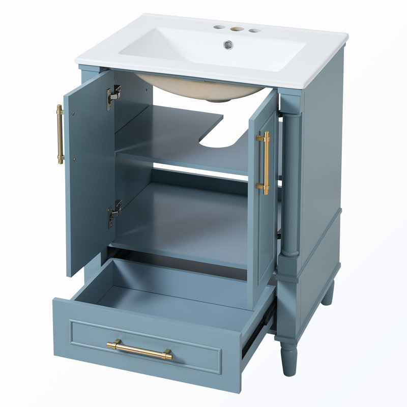 Meuble-lavabo à charnières à fermeture en douceur avec tiroir et lavabo, Bleu indigo