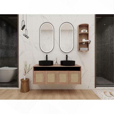 48" Bathroom Vanity with 2-Ceramic Art Sink and Storage Rack, 4-Soft Close Door, Float Mounting Design, Plywood