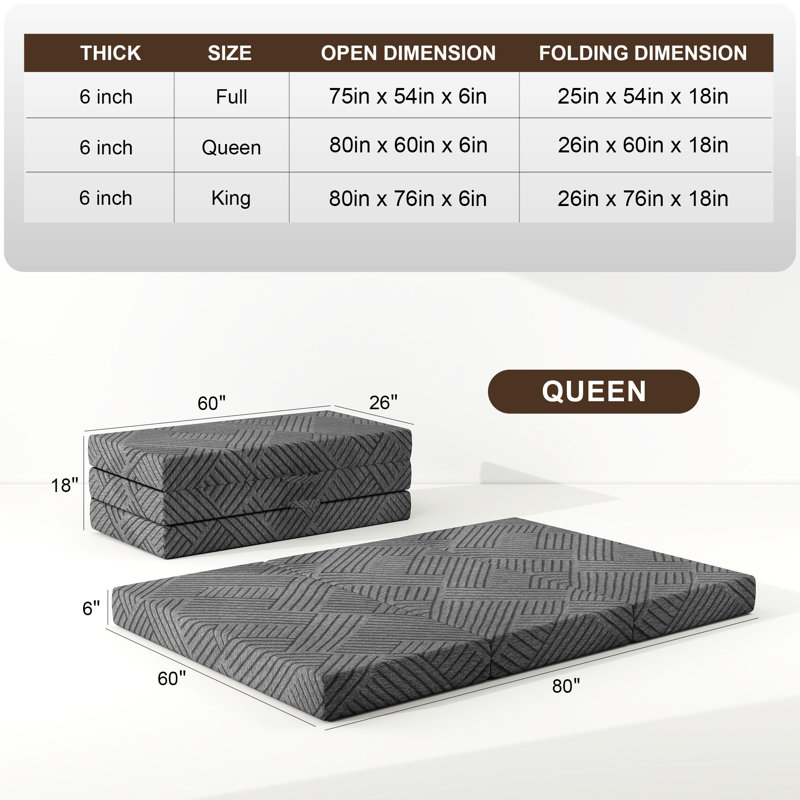6 Inch Tri-Fold Memory Foam Mattress - Murphy Bed Compatible/Machine Washable Grey, Queen