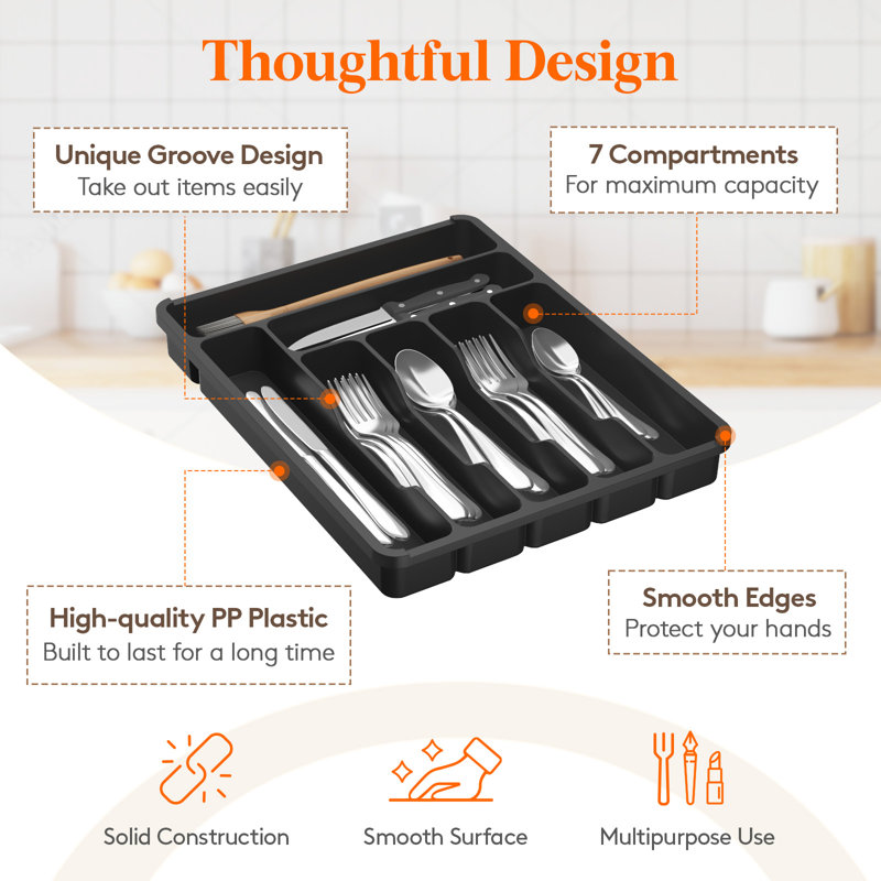 Cutlery Drawer Organiser With Lid, Plastic Small Cutlery Tray For Kitchen Drawer, Utensil Flatware Silverware Holder Divider For Spoons Forks Knives Tableware, 7 Compartment, Black