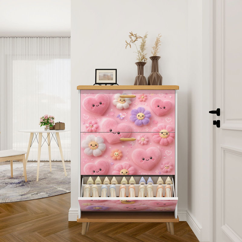 Armoire de rangement pour chaussures avec 3 tiroirs rabattables pour un joli cœurs en peluche roses fleurs souriantes rose pastel