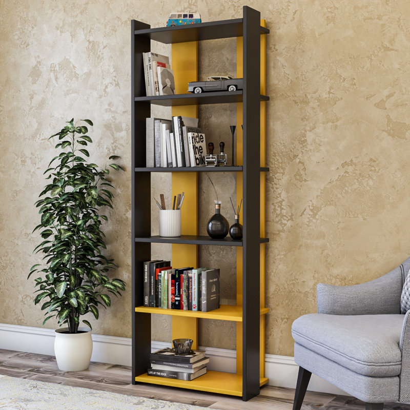 Denni 63cm H x 180cm W Standard Bookcase, White/Yellow