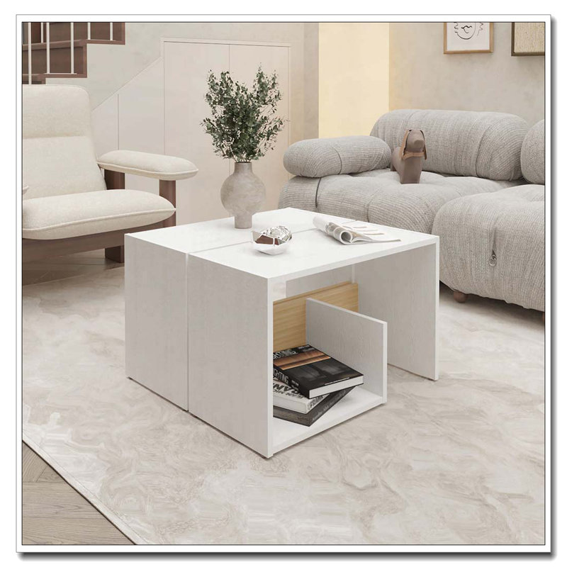 Table d'appoint en mélamine blanche et chêne clair avec rangement ouvert, Blanc / Chêne clair