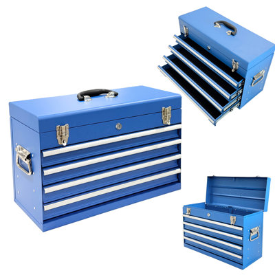 21 - Inch, Metal Tool Chest, 4 Drawers, Portable, Padded, Auto Locking Function, Bearing Slide, Blue Steel, , Secure Storage