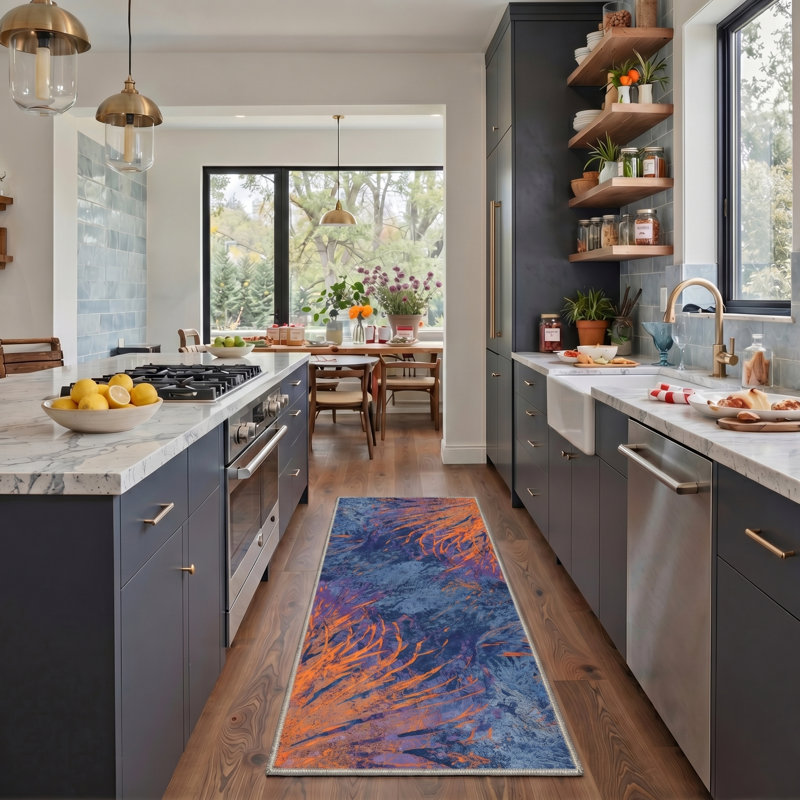 Tonicka Aura Modern Machine Washable Blue / Orange Indoor Area Rug with Non-Slip Backing, Runner 2' x 6'