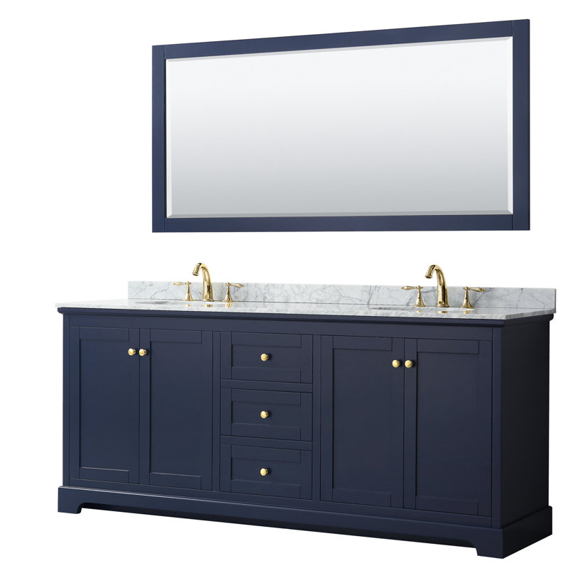 Ensemble de meuble-lavabo double 80 "avec miroir Avery, Bleu très foncé, Or brossé
