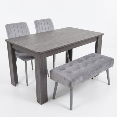 Modern Dining Set with Arrow Charcoal Table, 2 Grey Velvet Chairs and Grey Velvet Bench 4 Seater