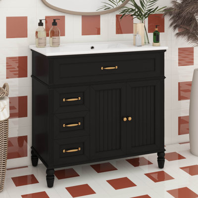 Meuble-lavabo de 36 po avec lavabo, meuble-lavabo à 3 tiroirs, comptoir intégré avec comptoir intégré, poignées dorées