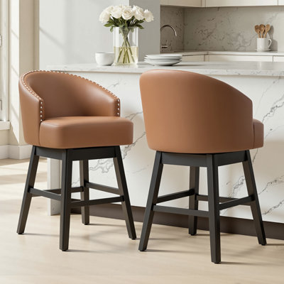 Swivel 26.4'' Faux Leather Counter Stool With Solid Wood Legs