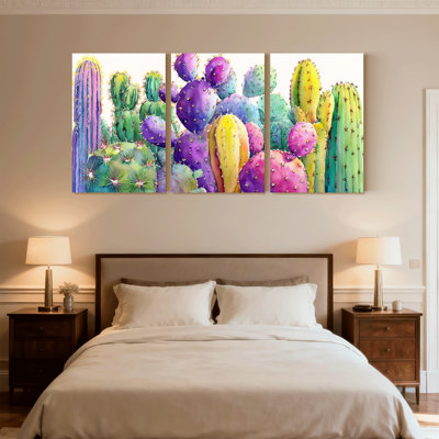 Plantes et fleurs, cactus coloré, ensemble de 3 impressions sur toile