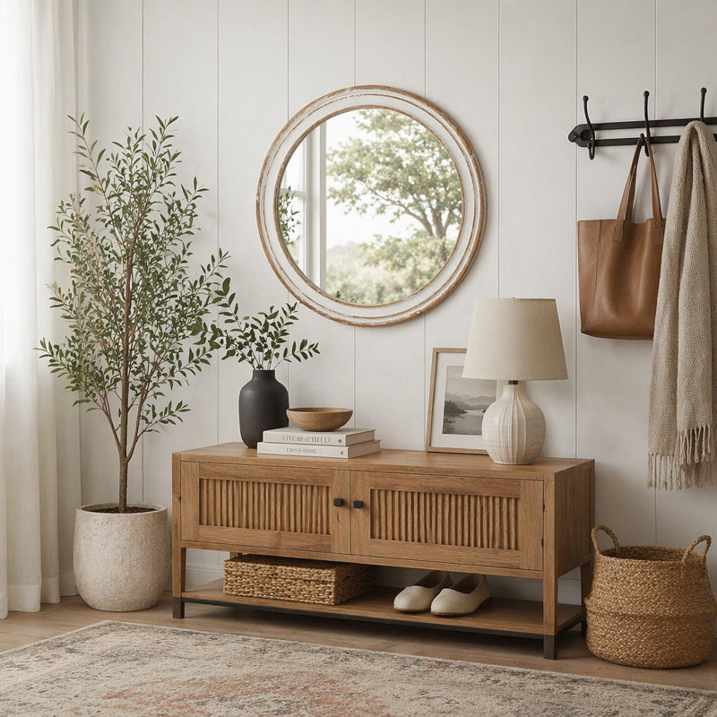 Miroir mural rond en bois pour meuble-lavabo, 35,43 po x 35,43 po