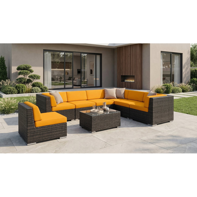 Billyjo Wicker 7 - Person Seating Group with Cushions - No Assembly, Black, Sunflower Yellow Sunbrella® Canvas