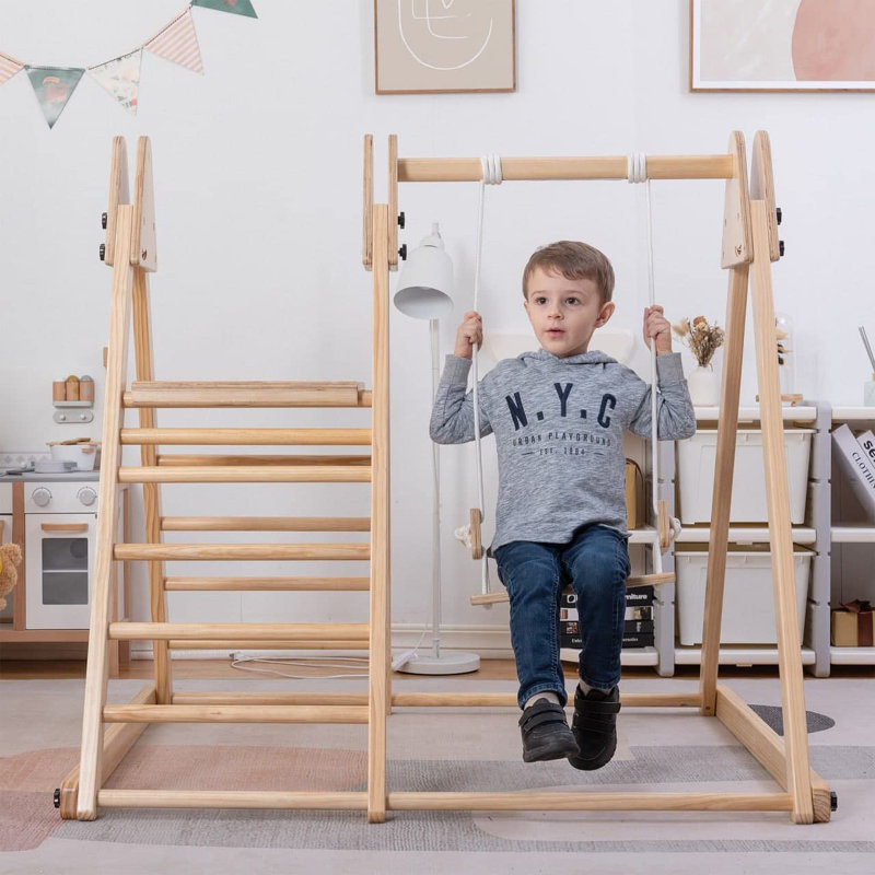 Juniper Natural Wood Indoor Playset with Climber, Swing, and Slide