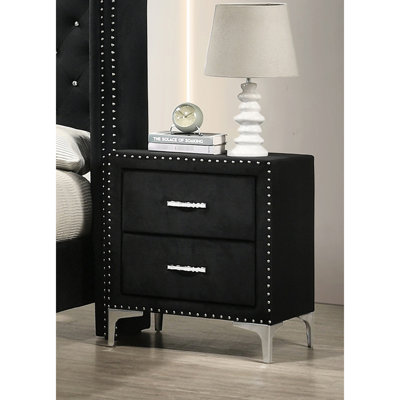 Contemporary Nightstand, 2 Storage, Fabric Upholstered, Nailhead Detailing, Tempered Glass, Solid Wood Construction Black Finish Two Setup, Upholstery, Glass Surface, Wood, Bedroom Decor