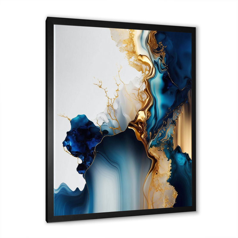 Géode abstraite, marbre doré et bleu I - Art mural abstrait en marbre, L 12 po x H 20 po, Impression noire sur toile encadrée
