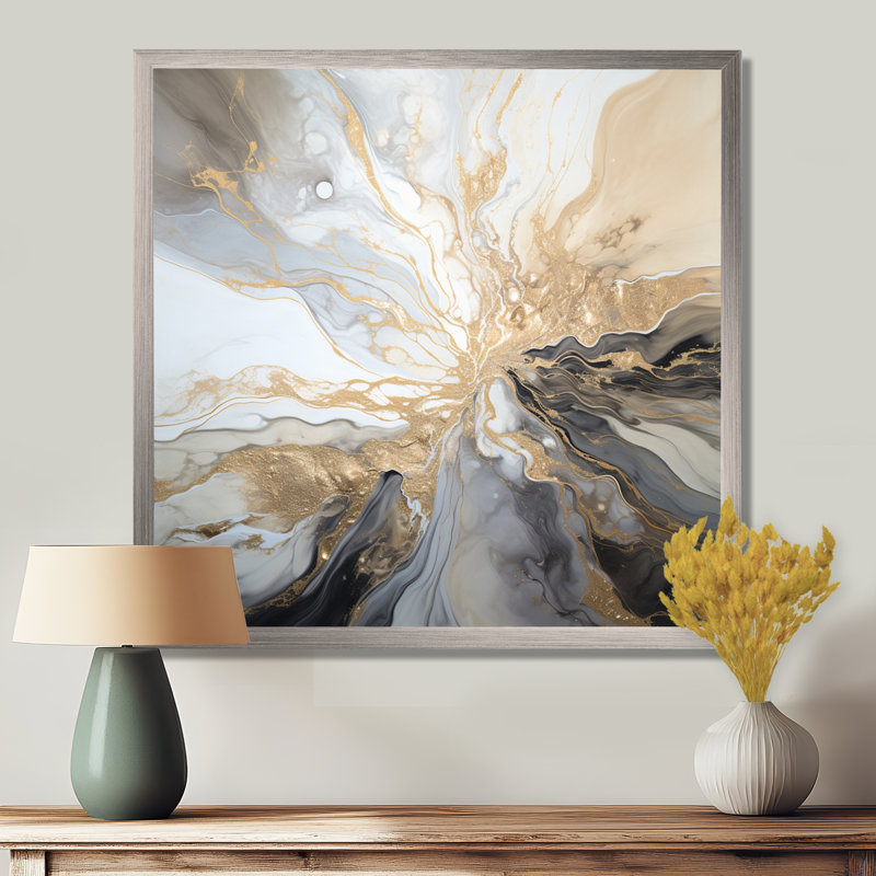 Explosion d'art liquide beige et noir, H 30 po x l 30 po x P 1 po, Cadre flottant brun