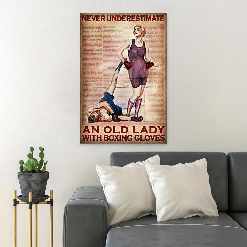 A Girl Boxing With A Man - Never Underestest An Old Lady With Boxing Gloves - 1 pièce, reproduction d'art graphique sur toile tendue