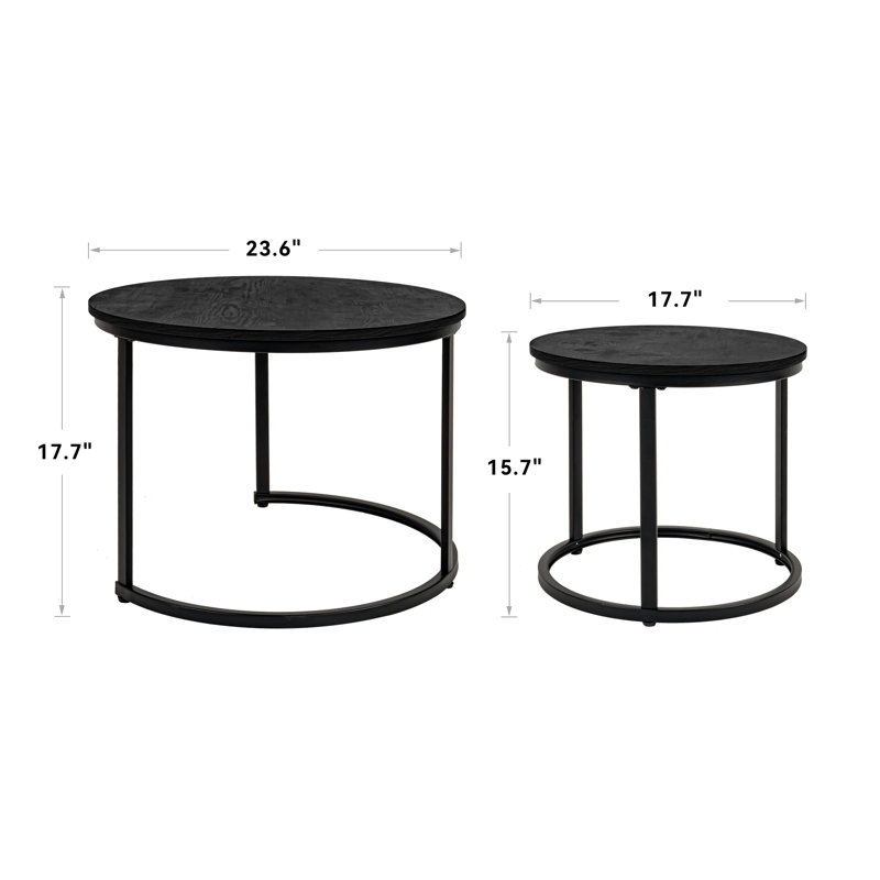 2in1 Round Coffee Table Set Modern Nesting Style End Table, Black