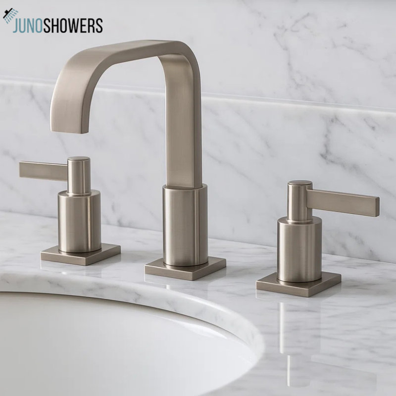 Robinet pour salle de bain espacé en nickel brossé Juno