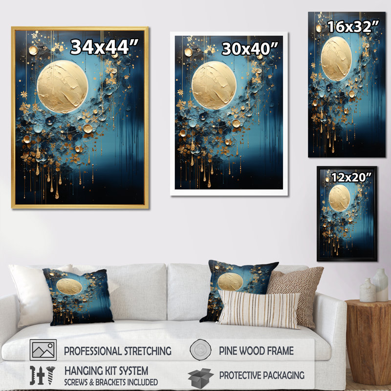 Lune bleu et or cycle céruléen Dreams IV, Toile tendue, H 44 po x l 34 po