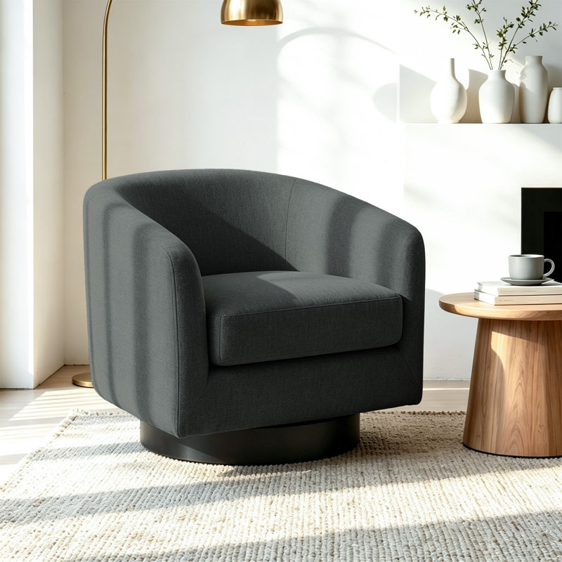 Applewold Upholstered Gray Chenille Swivel Barrel Chair with Solid Wood Base, Gray
