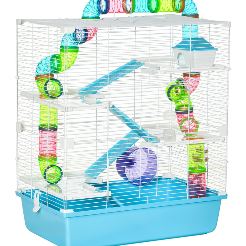 Hamster House - Très grand 23 po avec tubes, rampes et rampes, bleu 5 avec roue, portable