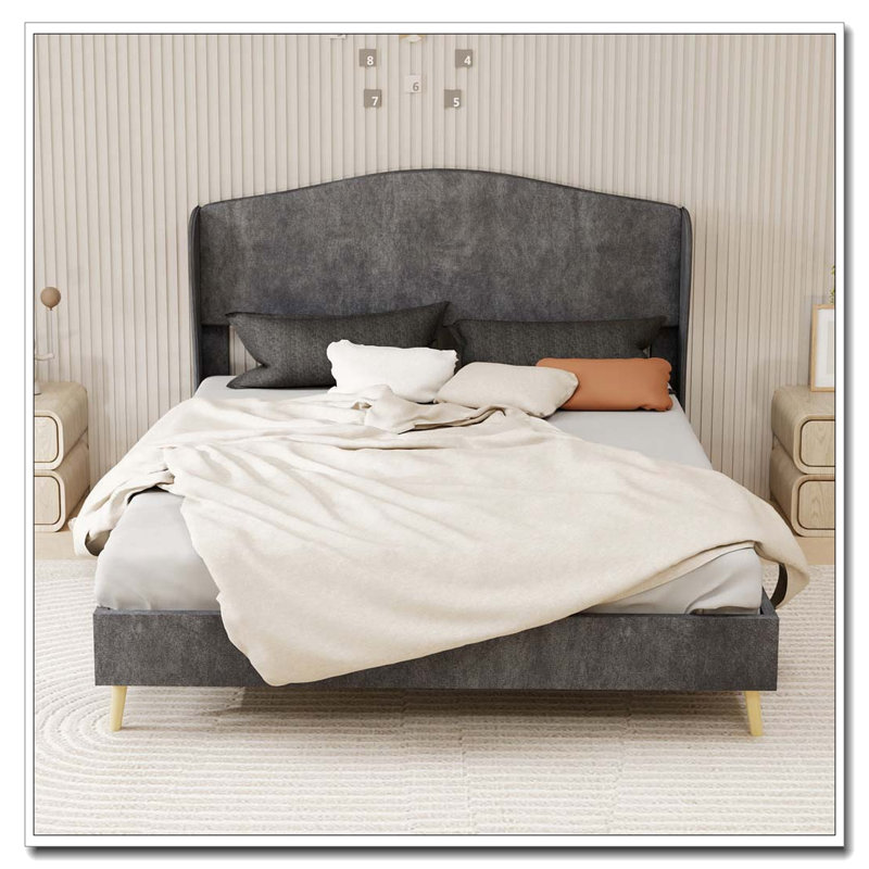 Lit tapissier en velours, Gris, Grand lit