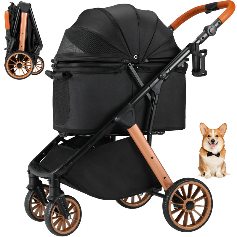 Pirecart Foldable Pet Stroller For Medium Small Dogs Cats Up To 55 Lbs, Aluminum And Carbon Steel Frame Dog Stroller, Zipperless Puppy Strollers With Cup Holder (black)