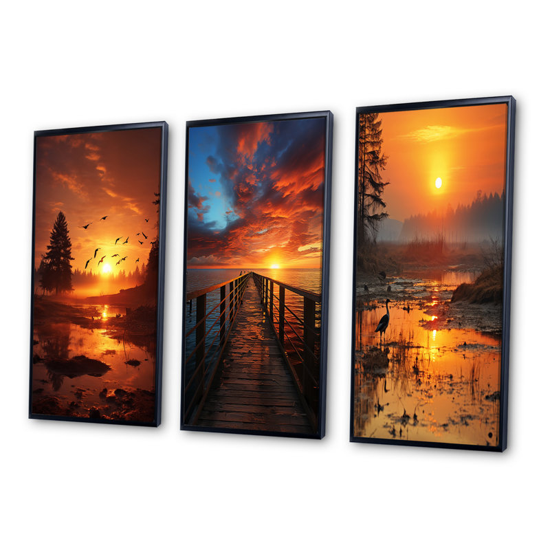 «Sunrise Morning At The Lake», 3 pièces sur toile, Cadre noir, H 20 po x l 36 po