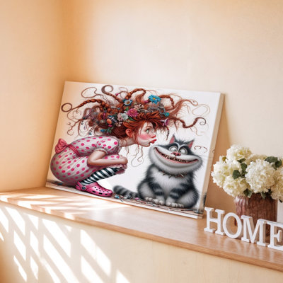 «Whimsical Girl In Polka Dot» avec un chat souriant, reproduction d'art sur toile pour le salon, la chambre à coucher, le bureau, le couloir, le vestibule, le mur de la galerie et la décoration intérieure moderne