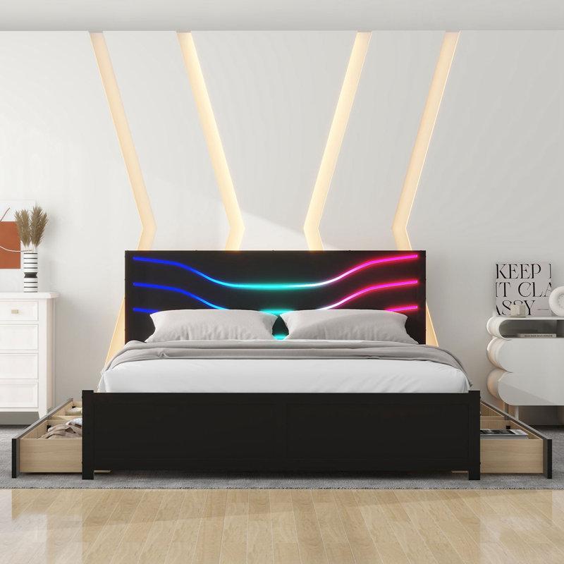 Wood Storage Platform Bed With LED And 4 Drawers, Black