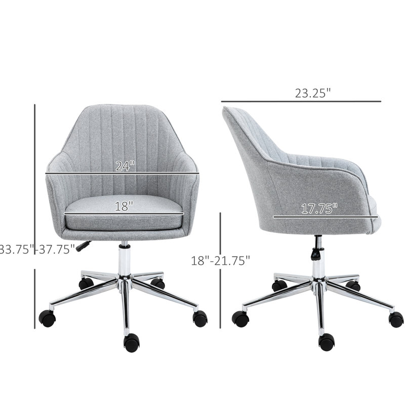 Chaise de bureau à domicile en tissu gris, fauteuil pivotant à dossier moyen. Conception de la baignoire avec dossier doublé. Hauteur réglable de 18 po à 21,75 po. 360 ° de mobilité, confort constant. . Fauteuil, charge maximale, 265 lb, tissu