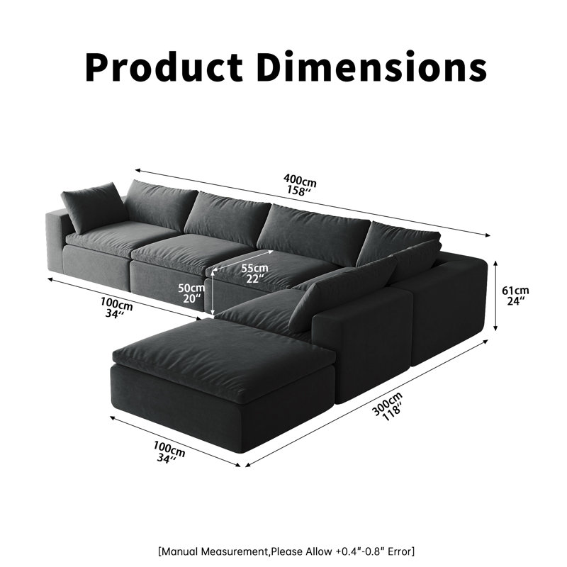 157" Oversized Modular Boneless Cloud Couch with Ottoman, No-Assembly Required for Living Rooms, Dark Gray