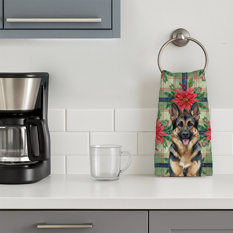 German Shepherd Christmas PoinsettIas Kitchen Towel, Black/Tan German Shepherd 2