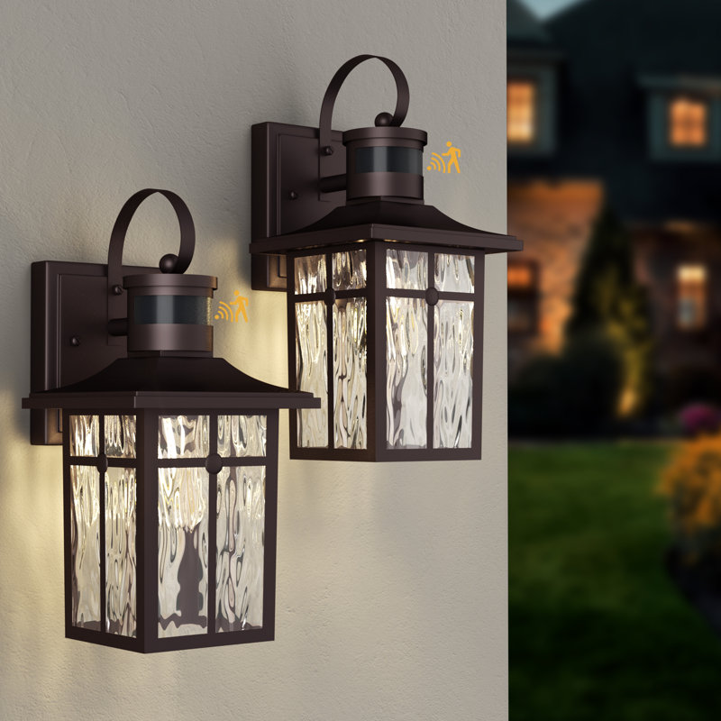 Dallas 13''H Aluminum Oil Rubbed Bronze ETL Water Ripple Glass Outdoor Wall Light with Dusk to Dawn and Motion Sensor