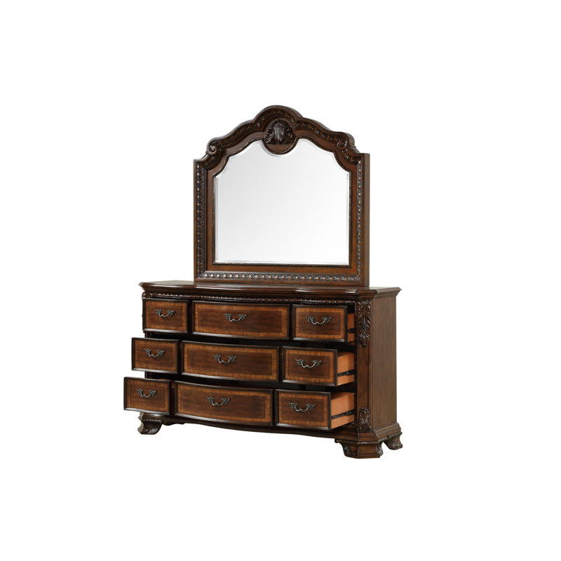 Ensemble de chambre à coucher Bharata, Très grand, 5 Pcs: Bed, 2 Dressers, Mirror, Nightstand