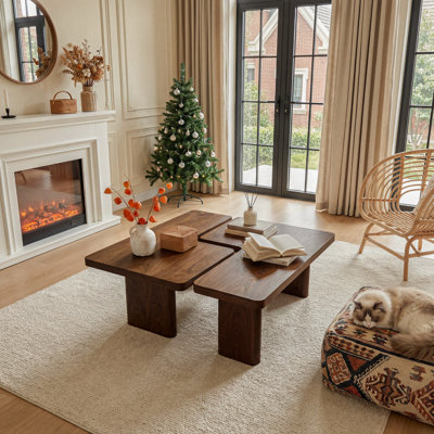 Modular L-shaped Coffee Table Set - Two-piece solid walnut veneer coffee table, easy to assemble, equipped with round table legs suitable for family use.