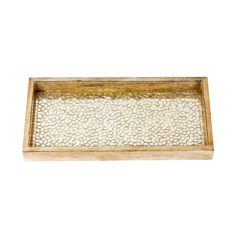 Plateau de meuble-lavabo en bois naturel de 12 po avec incrustation de mosaïque argentée, plateau de rangement décoratif rectangulaire pour la salle de bain, la chambre à coucher et la commode