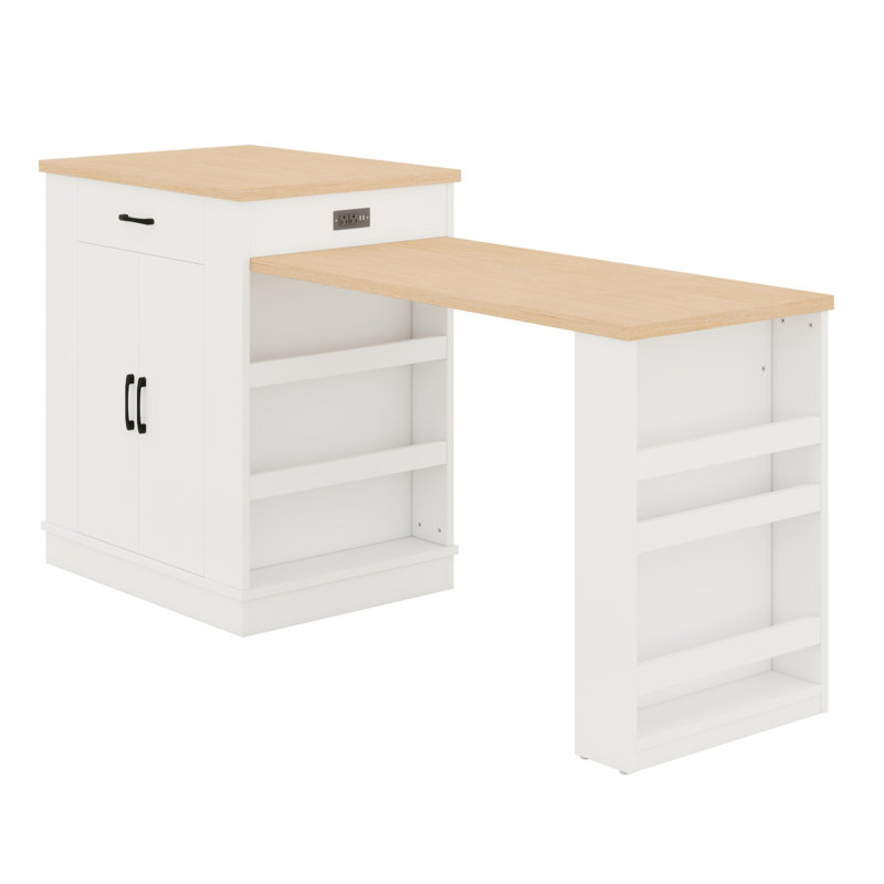 Extendable Island Console With Drawers, Cabinet, Shelving And Multi-Function Table