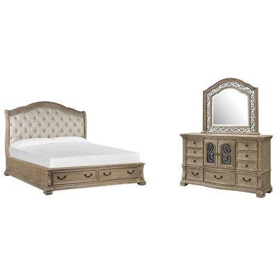 California King Upholstered Sleigh Storage Bed And Drawer Dresser With Landscape Mirror