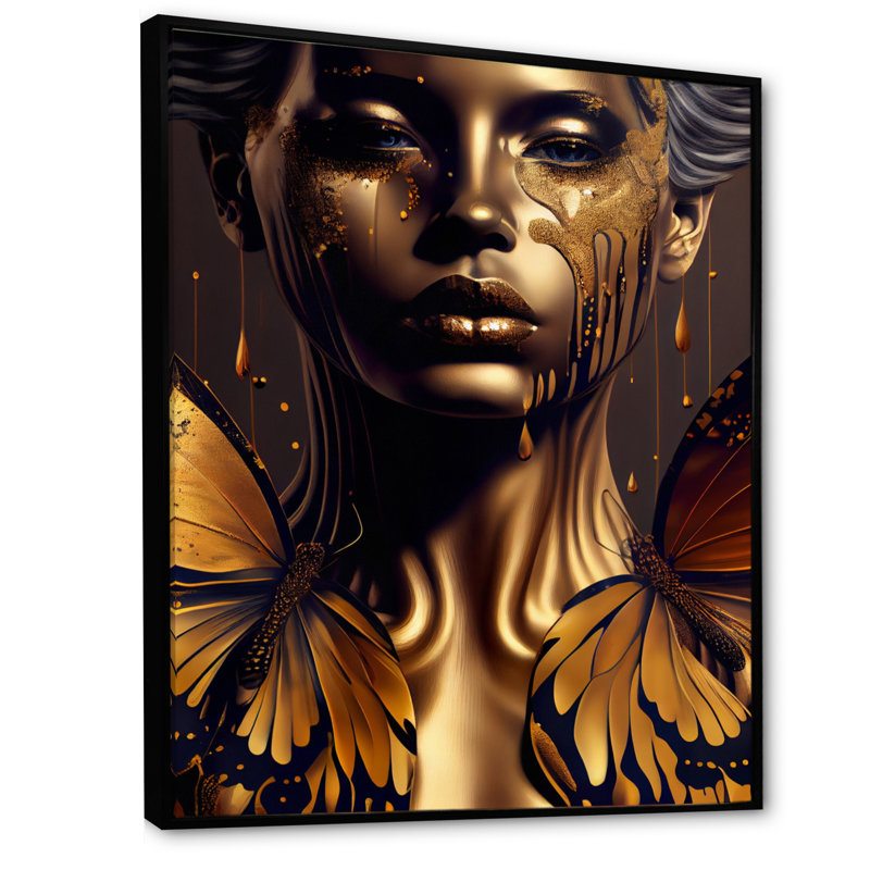 Jolie femme avec des papillons dorés IV - Impression sur toile, H 32 po x l 24 po x P 1 po, Toile avec cadre flottant noir