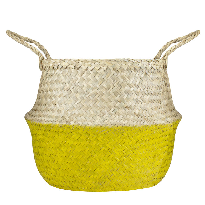 Beige and Yellow Seagrass Belly Basket with Handles
