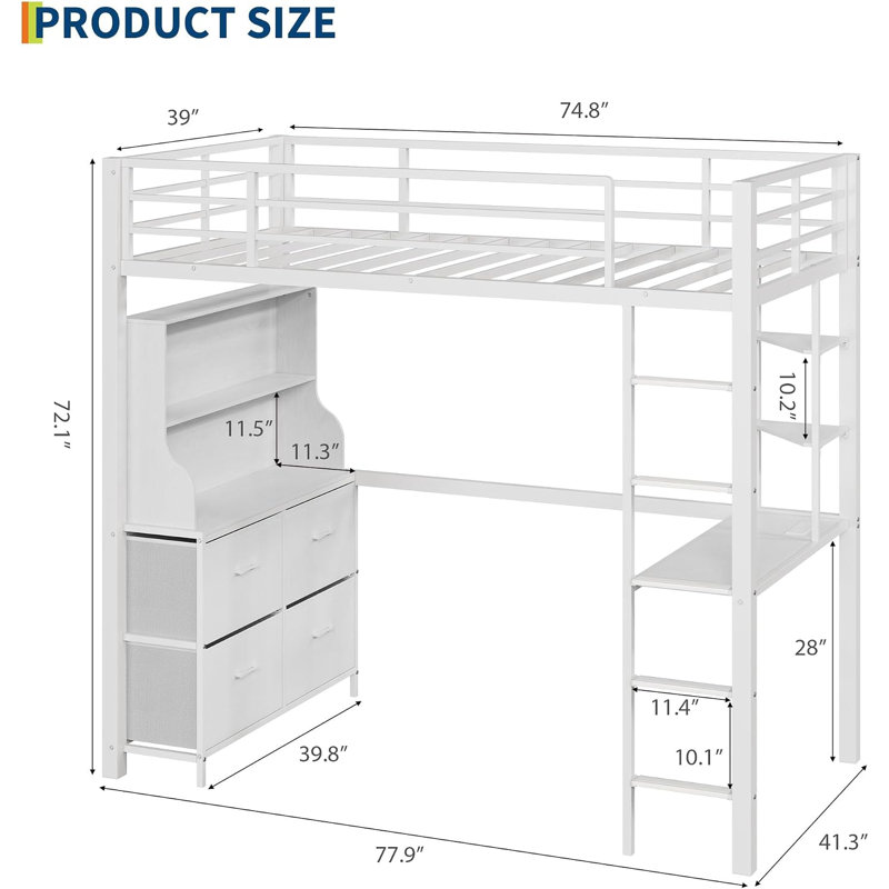 Lit mezzanine simple avec bureau, tiroirs en tissu, tablettes, lumières DEL et garde-corps de sécurité, Blanc