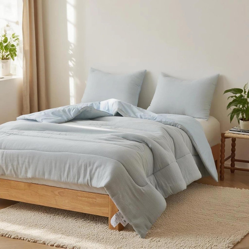 100% Cotton Muslin Comforter Set Washed Cotton Gauze Comforter, King Comforter + 2 King Pillowcases, Light Blue