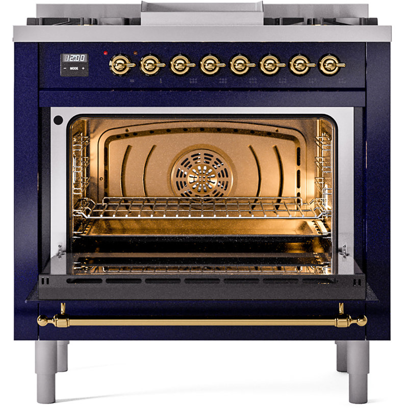 ILVE Nostalgie II 36 Dual Fuel Range, knobs, Midnight Blue/Brass, Liquid Propane