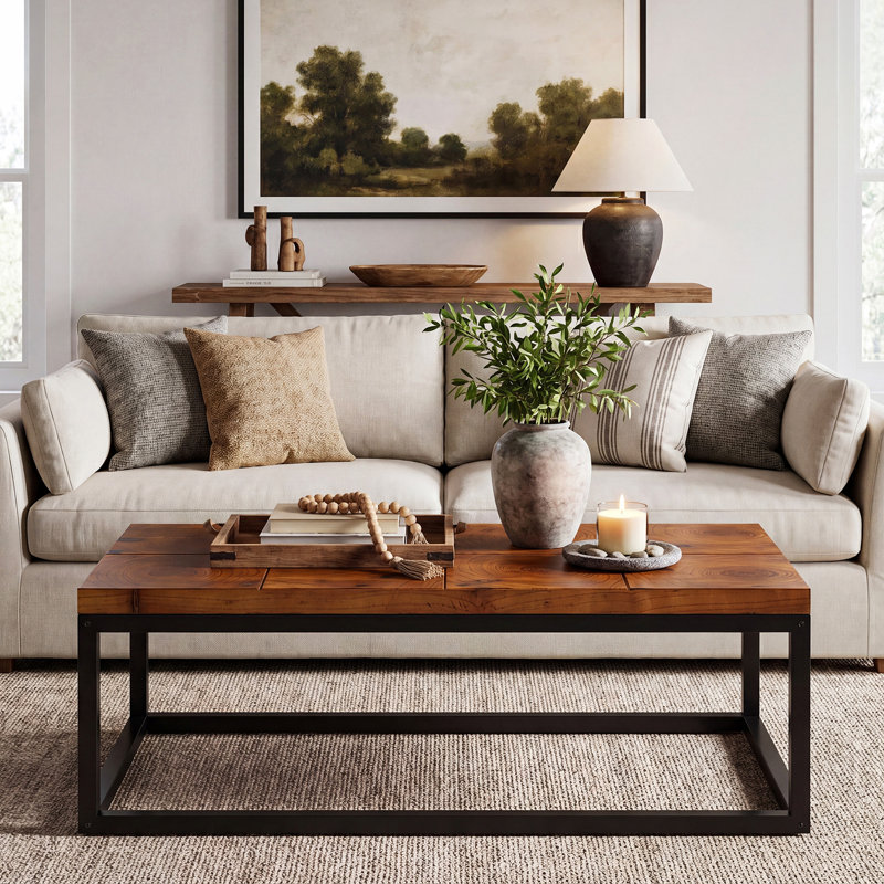 47.24" Solid Wood Coffee Table with Metal Base
